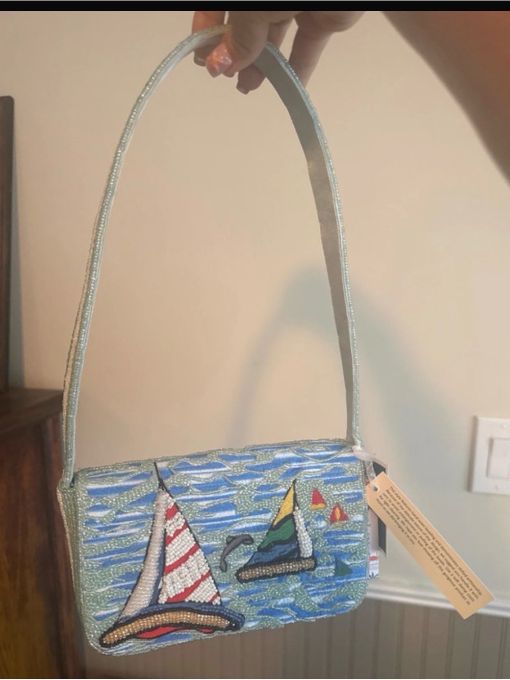 Beaded Sailboat Crossbody Bag in Light Blue